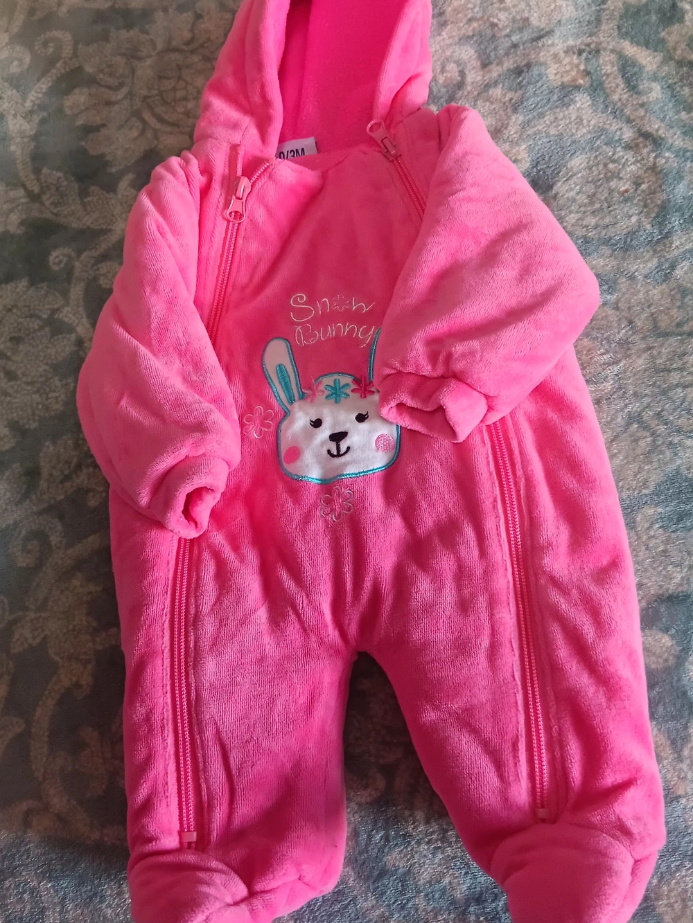 Pink Hooded Baby One-Piece Snowsuit with Bunny Embroidery